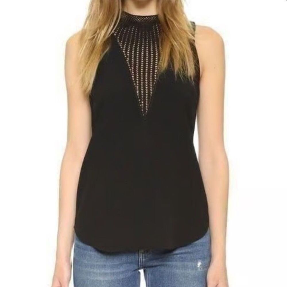 A.L.C. Alec Woven Crochet Top Sleeveless Crepe Tank Top Mockneck Black EUC sz 4
